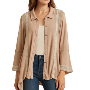 POL Tan and Cream Notched Collar Blouse. Boho Oversized Comfy Soft